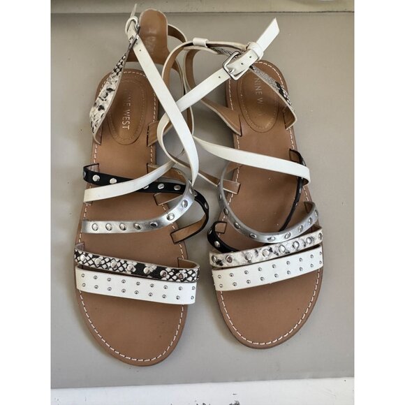 NINE WEST METALLIC WHITE SANDALS WOMENS ANIMAL PRINT MIXED MEDIA SZ 10 WOMENS - Picture 1 of 2